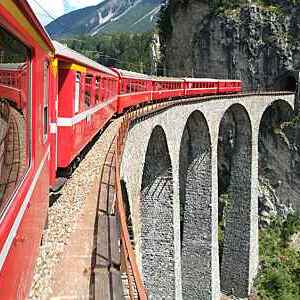 Bernina Express train on the Swiss alps.